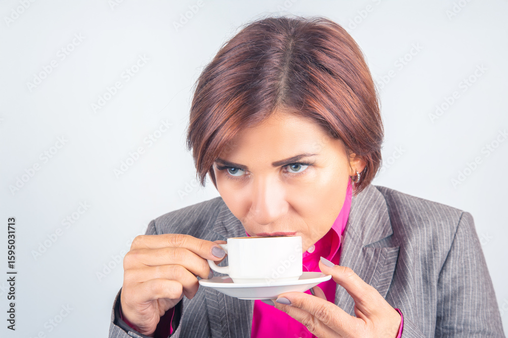 Business woman drinks coffee from a white cup close-up Business woman drinks coffee from a white cup close-up