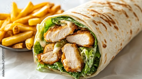 Crispy Chicken Wrap with Fresh Lettuce Served alongside Golden French Fries