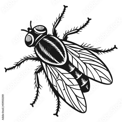 A detailed black and white illustration of a fly