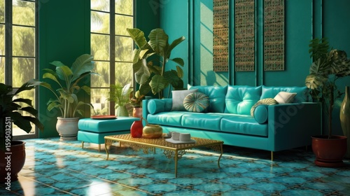 Luxury living room in house with modern interior design, green velvet sofa, coffee table, pouf, gold decoration, plant, lamp, carpet,  poster frame and elegant  