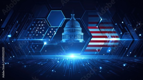Digital illustration of the united states capitol building and flag overlaid with technological elements.