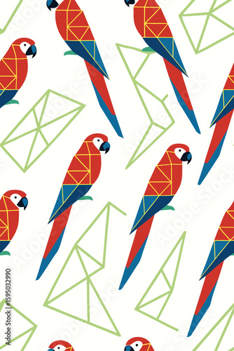 Geometric parrots on white background macaw tropical bird
