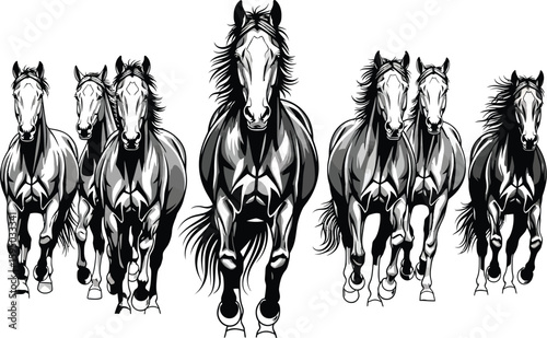 A monochrome illustration of seven horses running towards the viewer on a white background art design