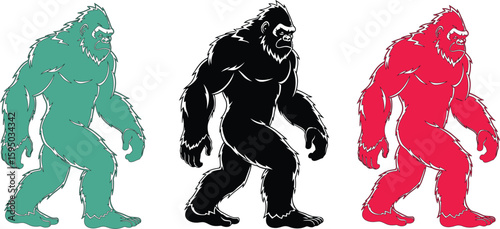 Three black and white illustrations of bigfoot walking on a white isolated background in a row