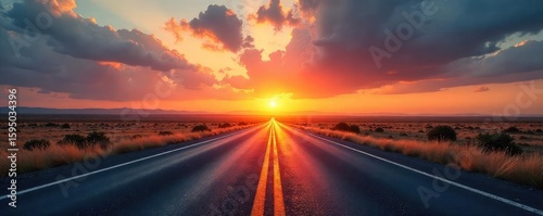 Endless asphalt ribbon stretches towards a vibrant sunset horizon, promising adventure and open road freedom The feeling of limitless possibilities unfolds before the viewer , beautiful, car, scenic