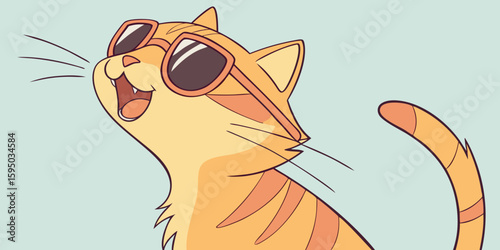 Cool Cat Relaxing: A cheerful cartoon cat, sporting stylish sunglasses and radiating good vibes, embodies the essence of leisure and lightheartedness, against a simple backdrop.