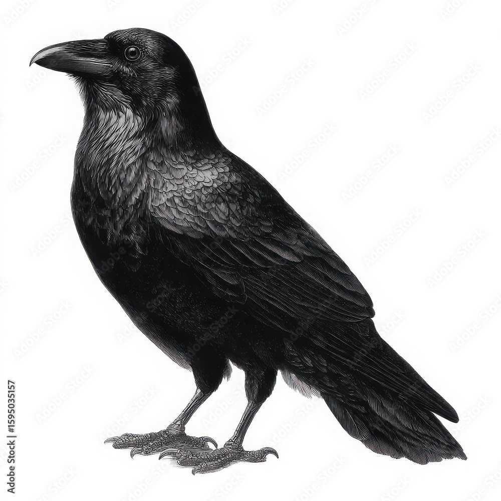 Fototapeta premium Detailed illustration of a black raven with intricate feather detail standing against a clean white background