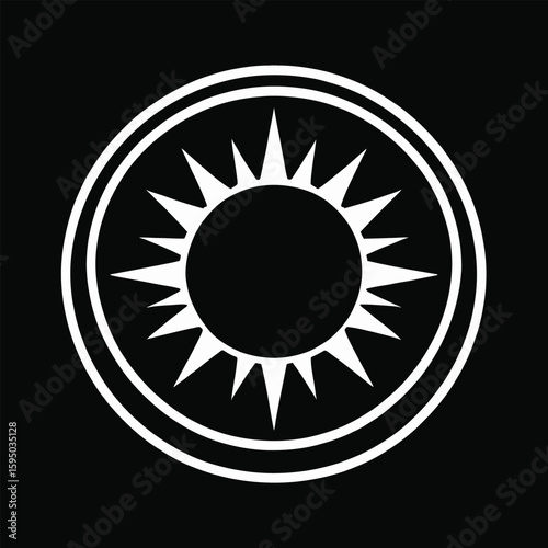 Stylized Sun Icon Minimalist Graphic Element Of A Radiant Sun Symbol In White On Black For Logo Designs Spiritual Artwork And Clean Aesthetic Projects