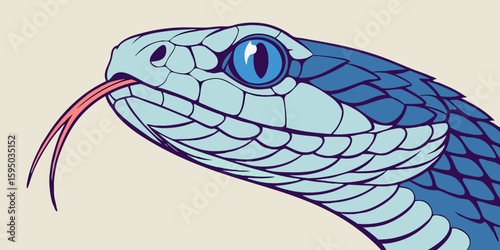 Serpentine Gaze: An exquisite illustration unveils the captivating head of a serpent, highlighting its unique scales and vibrant blue eye, with a delicate tongue.