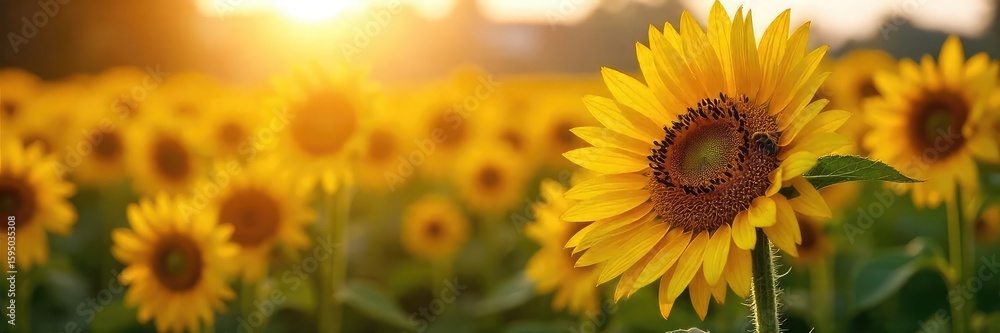 Fototapeta premium Golden hour sunlight bathes a lush field of ripening sunflowers, buzzing with bees; a quintessential summer harvest scene , summer harvest, bees