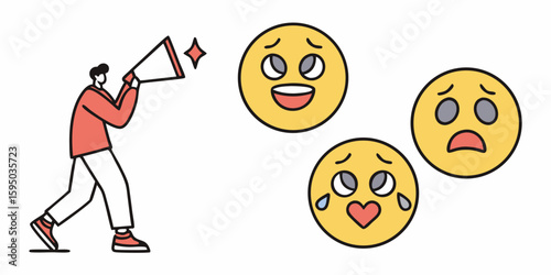Announcing Emotions: A visual narrative of human expressions comes to life. One figure amplifies their message alongside a trio of emotive icons.