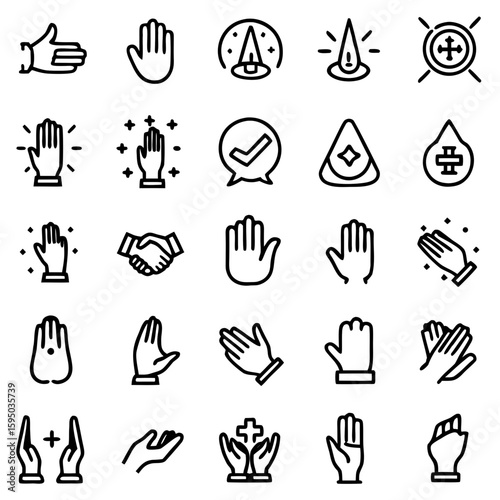 Collection of 40 editable line icons representing hands and religious symbols gesture line art