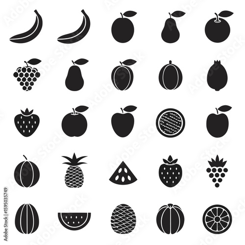 Collection of 24 black fruit icons on a white background banana apple