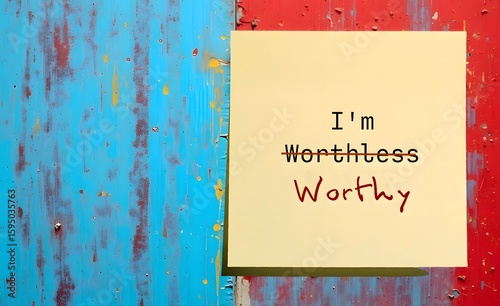 Note on grunge wall written I'M WORTHLESS change to I'M WORTHY, to overcome negative self-sabotage with self-compassion - from self-doubt to self-respect with positive self-talk affirmation