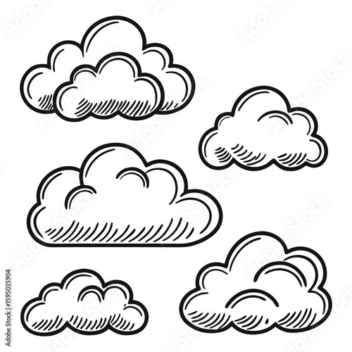 Five Hand Drawn Black Outline Clouds on White Background drawing sketch