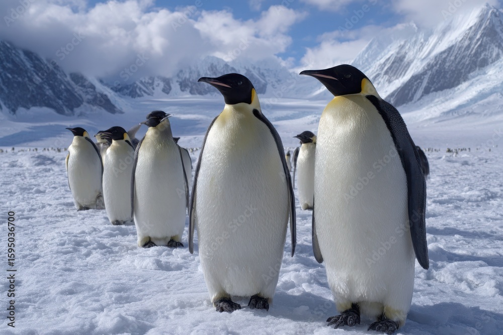 Obraz premium A group of emperor penguins stand in a line on a snow covered landscape with majestic snow capped mountains in the background under a cloudy blue sky