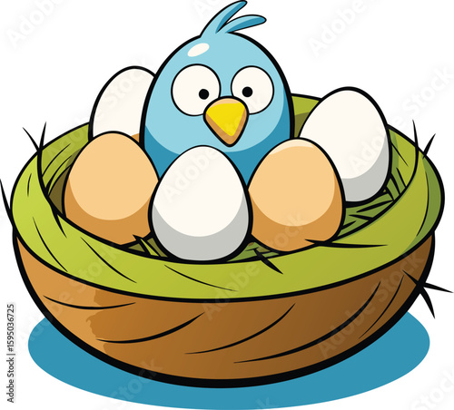 Cute blue bird and eggs in a nest new 2025 trendy