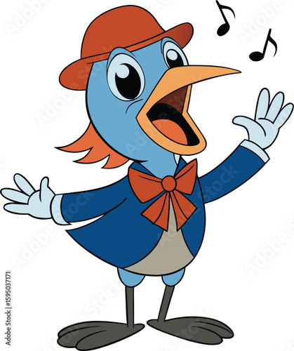 Animated blue bird singing with open beak and raised hands wearing a hat and suit new 2025 trendy