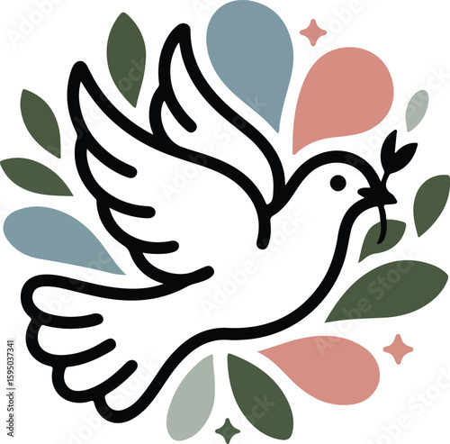 A white dove illustration with a twig in its beak, transparent vector png