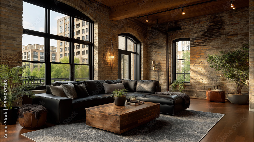 Fototapeta premium Elegant Living Room with Brick Walls, Large Windows, and Modern Furniture setup in a warm indoor