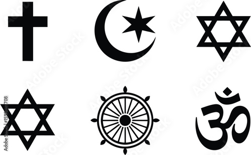 A collection of religious symbols including christianity islam judaism buddhism and hinduism icons displayed