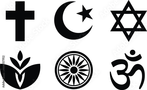 A collection of six different religious symbols displayed in black against a white background view image