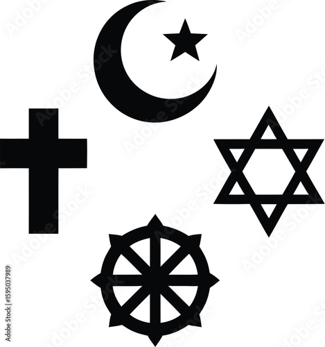 A collection of religious symbols including a cross, crescent, star, star of david, and dharma wheel