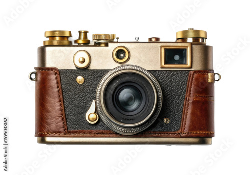 Vintage brass camera with leather details and viewfinder