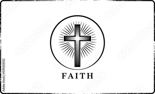 A graphic illustration of a cross inside a circle with rays and the word faith below it centered