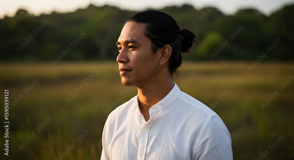 Man with hair in bun wearing white shirt standing in field looking away at sunset with trees behind him Man with hair in bun wearing white shirt standing in field looking away at sunset with trees behind him