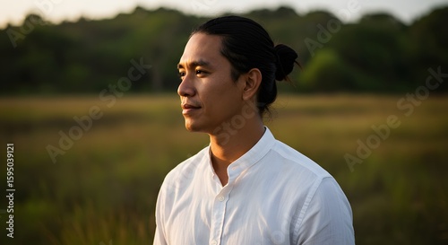 Man with hair in bun wearing white shirt standing in field looking away at sunset with trees behind him