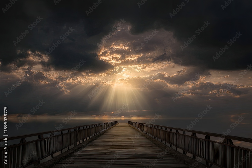 Naklejka premium A wooden pier leading to a sunlit sky