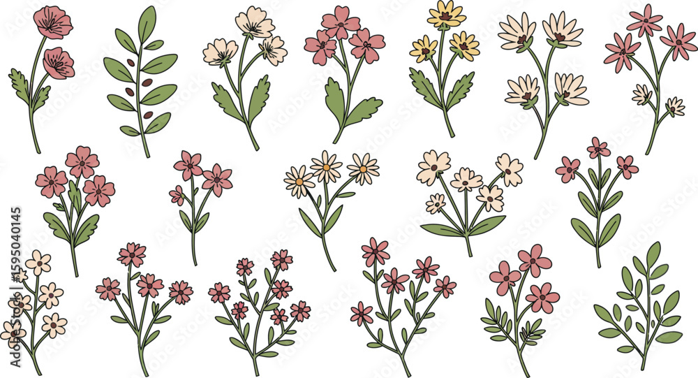 Fototapeta premium Delicate Floral Sprigs and Botanical vector illustration