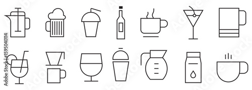 Collection of thin line icons representing various drinks. Containing pot, coffee, soft drink, water, alcohol, carbonated drinks, milk,  juice and more. Vector illustration.