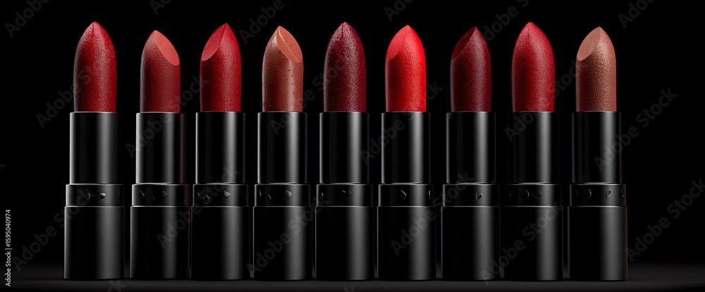 Obraz premium 3D render of various shades of red lipsticks on a black background, in a minimalist style.