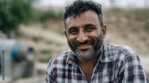 Smiling farmer standing beside functioning irrigation pump in rural setting