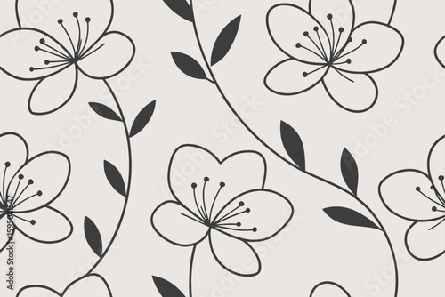 Minimalist floral pattern with dark grey outlines on a light grey background botanical nature
