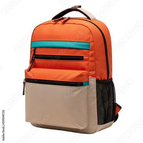 Orange Teal Beige Backpack with Zippered Pockets and Mesh Bottle Holder – Transparent Background PNG