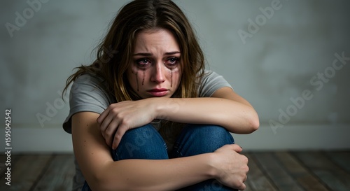 A young woman with tear stained face hugging her knees sitting on the floor looking sad and distressed