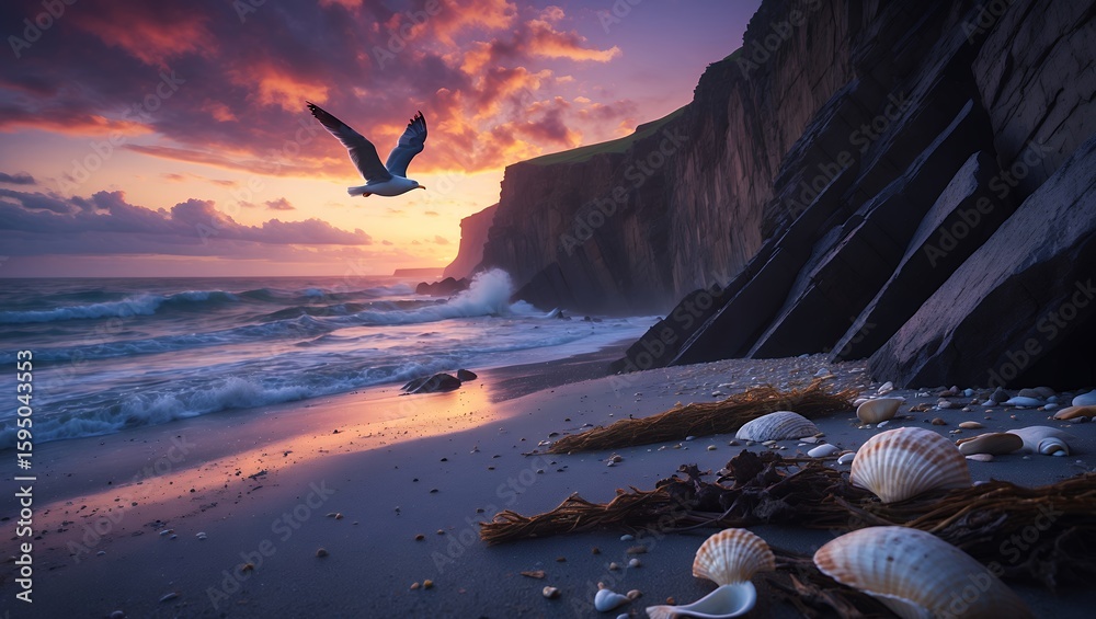 Fototapeta premium Seagull Flying over Sandy Beach at Sunset with Rocky Cliffs