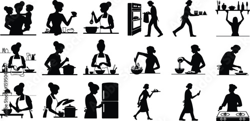 Woman Cooking in Kitchen Silhouette – Domestic Chef Icon Set Female Cooking at Stove – Home Kitchen Black Silhouette Vector