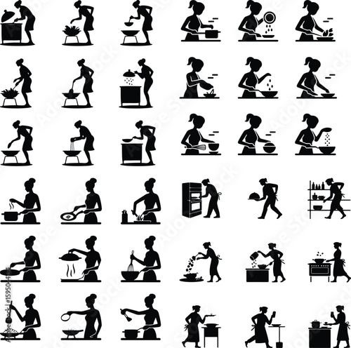Woman Cooking in Kitchen Silhouette – Domestic Chef Icon Set Female Cooking at Stove – Home Kitchen Black Silhouette Vector