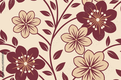 Seamless pattern of maroon and beige flowers with leaves floral