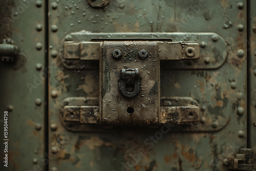 Wallpaper Mural Close-up of a weathered metal door latch, resembling a face, on a textured, riveted surface with green paint. A unique, rustic, and industrial aesthetic. Torontodigital.ca