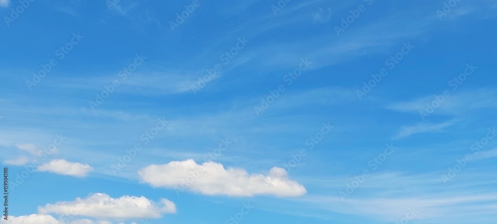 Obraz premium Panoramic cloudscape in clear blue sky in summer. Nature sky background with fluffy clouds.