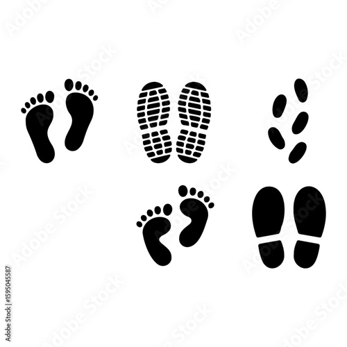 Vector art of footprints and shoe prints isolated on white background show different types of tracks silhouette