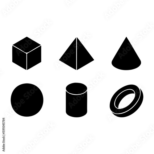 Vector art of isometric geometric shapes including a cube, pyramid, cone, sphere, cylinder, and torus isolated on white background silhouette