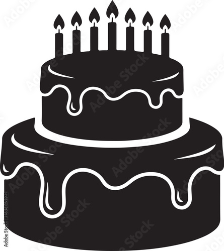 Vector art of a black silhouette of a twotiered cake with dripping icing and candles