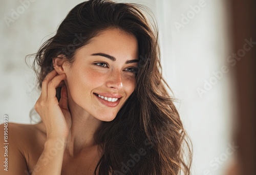 A beautiful woman with long hair, smiling and touching her ear while looking in the mirror at home for beauty treatment, skin care or skincare on her face and body. Beauty concept of self-care, person