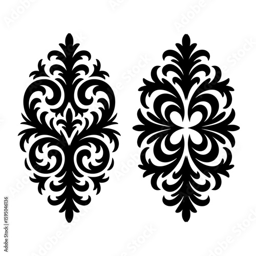 Vector art of two elegant damask ornaments are isolated on white background silhouette